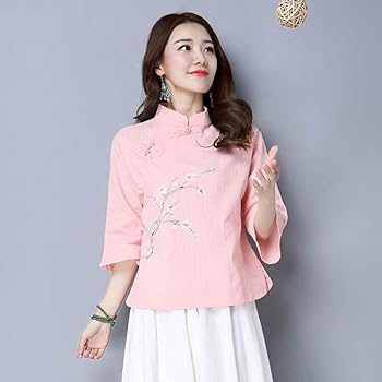 XJRJ Women Blouse Chinese Style Women's Retro Shirts Stand